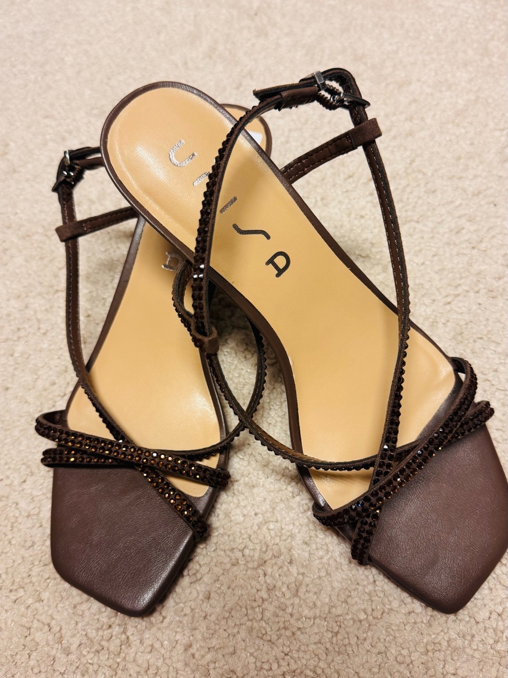 Unisa Brown Crystal-Trim Strappy Square-Toe Sandals - NEW